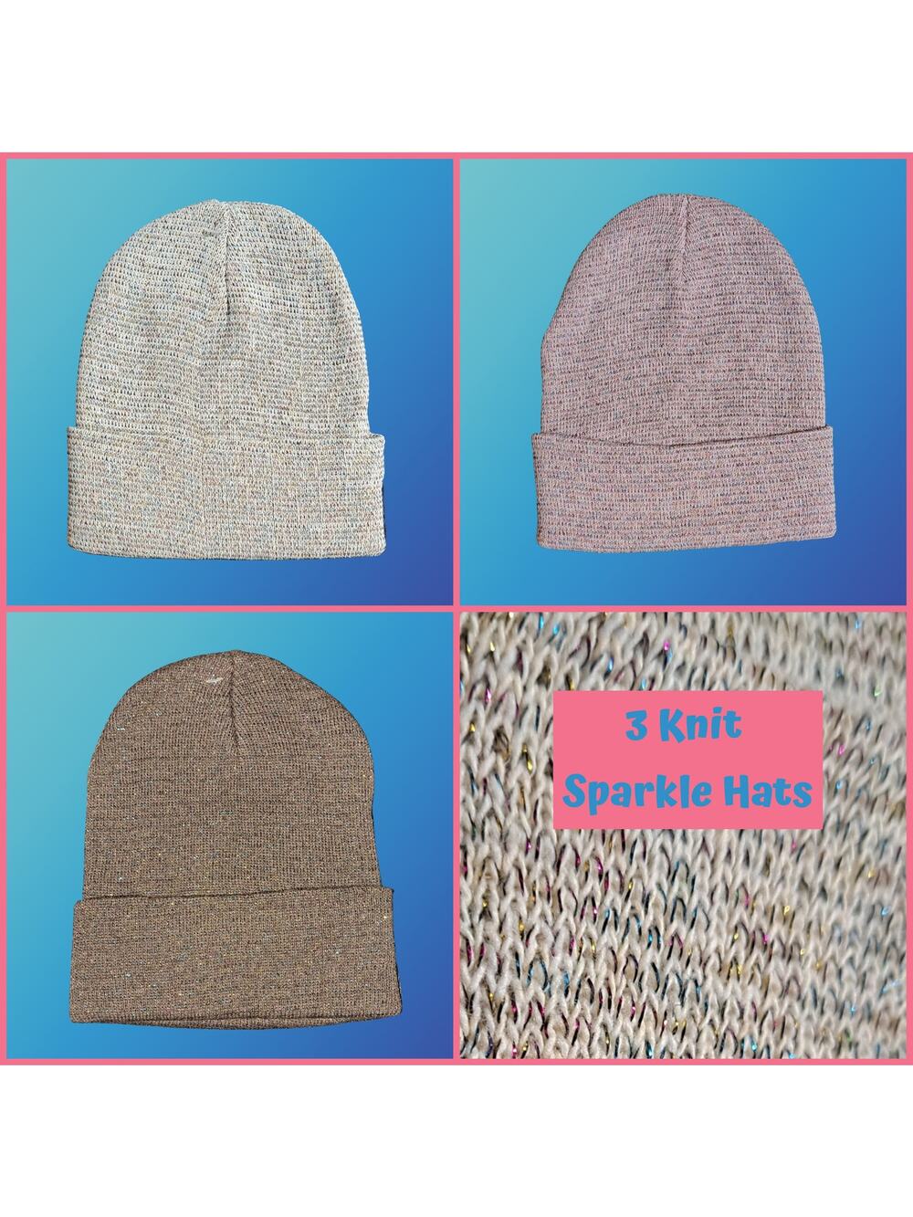 3 Winter Knit Toboggan Beanie Hats Solid Color With Rainbow Sparkle Threads OSFM